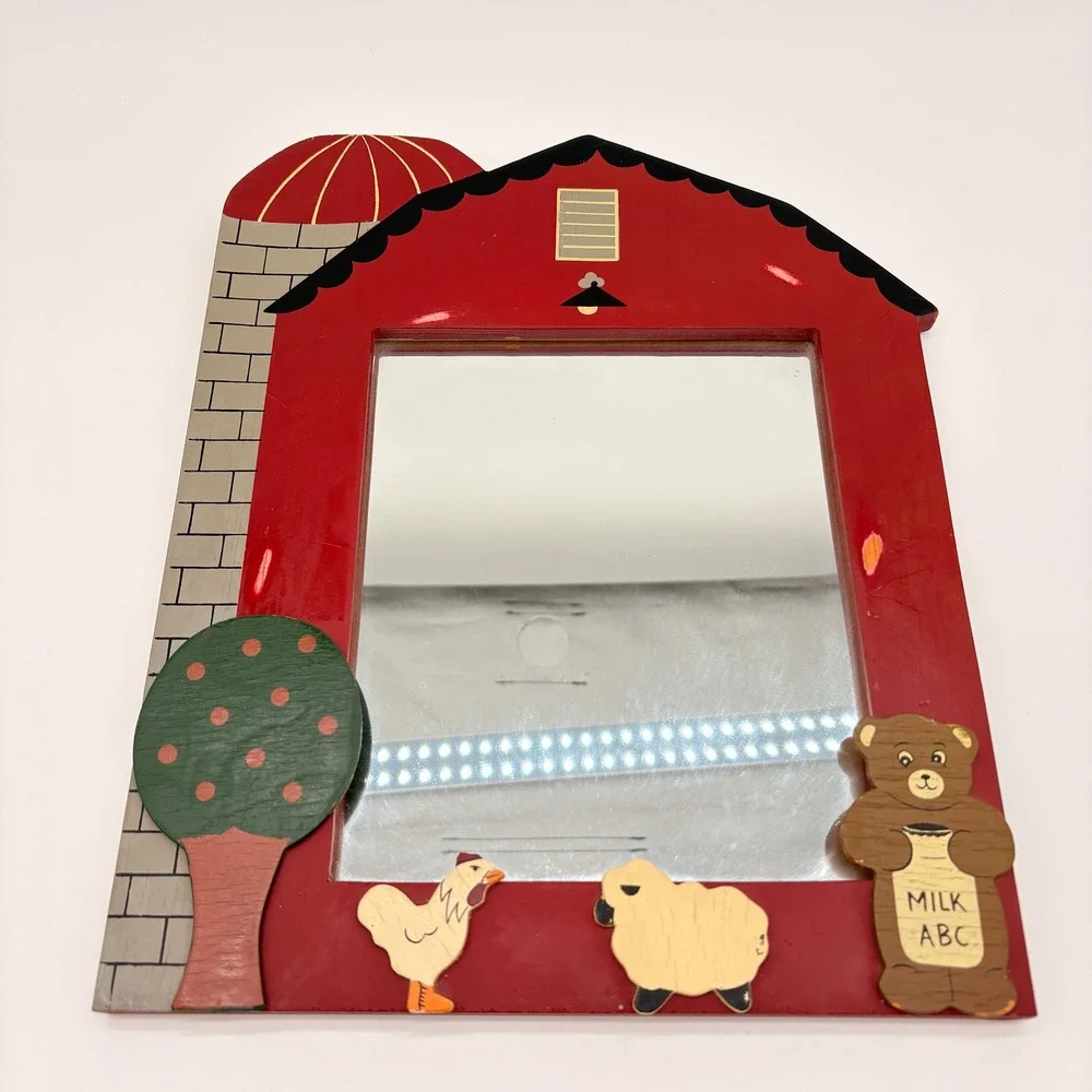 Vintage Red Barn Wood Mirror Farmhouse Nursery Decor Animal Folk Art Wall Mount
